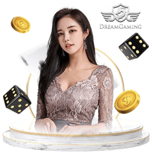 ดีลเลอร์สาวกับโลโก้ Dream Gaming รายล้อมด้วยลูกเต๋า ชิป และการ์ด ใช้ประกอบหัวข้อ Ezugi / Asia Gaming / Dream Gaming บนคาสิโน PG688