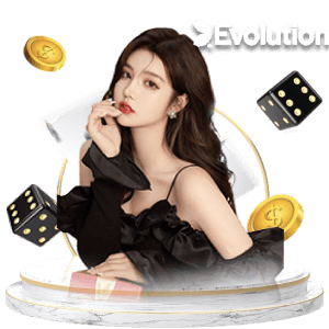 โลโก้ Evolution กับดีลเลอร์สาว รายล้อมด้วยลูกเต๋า ชิป และการ์ด ใช้ประกอบหัวข้อ Evolution บนคาสิโน PG688