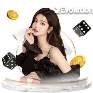 โลโก้ Evolution กับดีลเลอร์สาว รายล้อมด้วยลูกเต๋า ชิป และการ์ด ใช้ประกอบหัวข้อ Evolution บนคาสิโน PG688