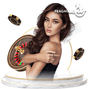 โลโก้ Pragmatic Play Live กับดีลเลอร์และวงล้อรูเล็ต มีชิปคาสิโนลอยอยู่ ใช้ประกอบหัวข้อคาสิโนสดบน PG688