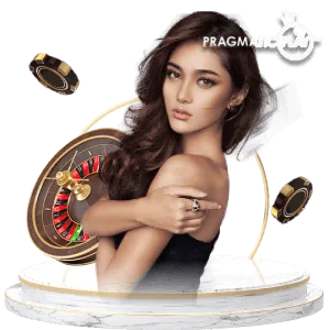 โลโก้ Pragmatic Play Live กับดีลเลอร์และวงล้อรูเล็ต มีชิปคาสิโนลอยอยู่ ใช้ประกอบหัวข้อคาสิโนสดบน PG688