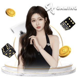 ภาพดีลเลอร์สาวพร้อมโลโก้ SA Gaming มีลูกเต๋า ชิป และเหรียญทอง ใช้ประกอบหัวข้อ SA Gaming บนคาสิโน PG688