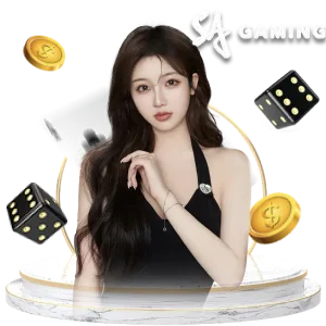ภาพดีลเลอร์สาวพร้อมโลโก้ SA Gaming มีลูกเต๋า ชิป และเหรียญทอง ใช้ประกอบหัวข้อ SA Gaming บนคาสิโน PG688