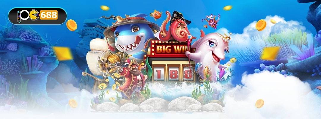 แบนเนอร์คำแนะนำเล่นยิงปลา KA Gaming บน PG688 ฉลาม–ปลาหมึก–โลมากับป้าย BIG WIN เหรียญโปรย ฉากใต้ทะเล