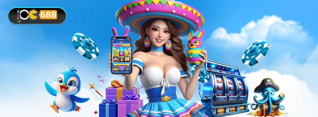 แบนเนอร์หัวข้อ “ประเภทเกมสล็อตที่พบใน สล็อต PG688” ผู้หญิงถือมือถือคู่กับเพนกวิน ตู้สล็อต และชิปคาสิโน บนฉากท้องฟ้าสีฟ้า