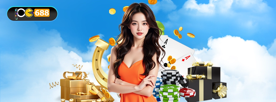 แบนเนอร์วิธีรับเครดิตฟรี PG688 28.8 บาท มีหญิงยืนหน้ากองชิปและของขวัญ ฉากท้องฟ้า พร้อมคำโปรยวิธีรับเครดิตเข้ากระเป๋า