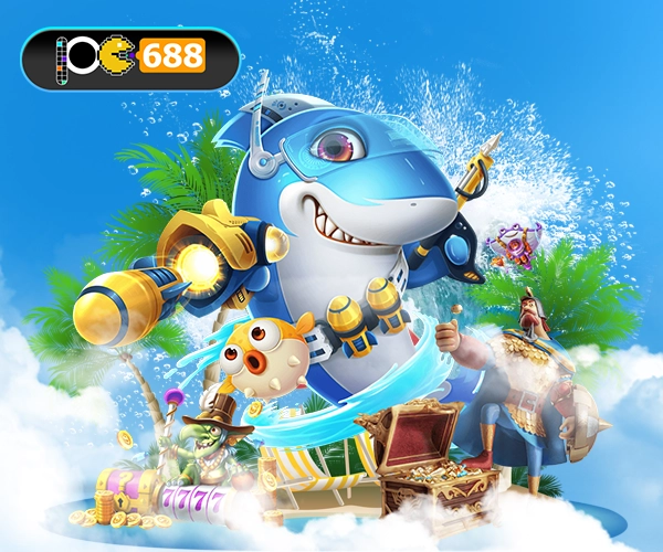 ภาพเกมยิงปลา PG688 ฉลามหุ่นยนต์ถือปืน น้ำกระเซ็น หีบสมบัติ ปลาปักเป้าและโจรสลัด ฉากทะเลฟ้าพร้อมโลโก้ PG688 มุมซ้ายบน
